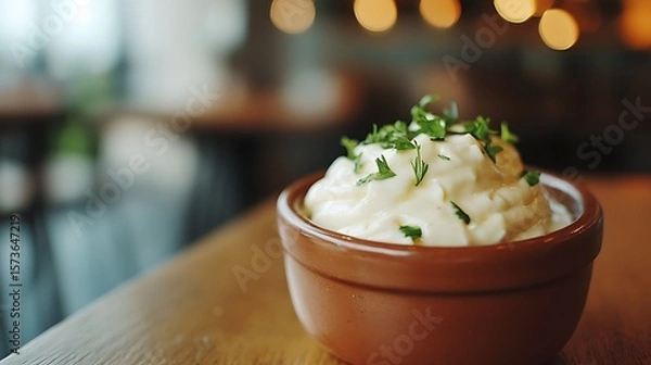 Obraz Mashed Potatoes Topped with Parsley in Small Brown Bowl