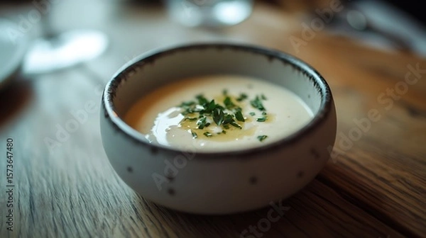 Obraz Cream Soup Bowl Garnished with Greens on Wooden Table