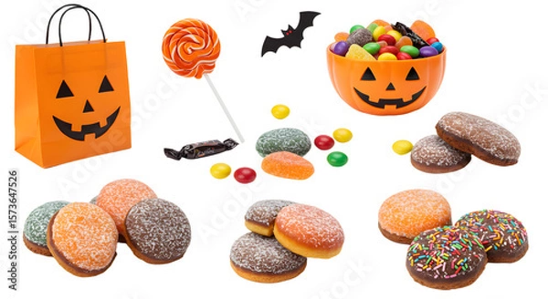 Fototapeta A vibrant Halloween-themed display featuring assorted candies, donuts, and a spooky bag, set against a festive backdrop