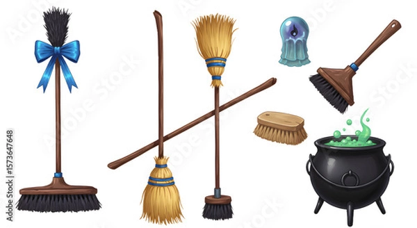 Fototapeta A whimsical collection of cleaning tools, including brooms and a cauldron, set against a magical backdrop