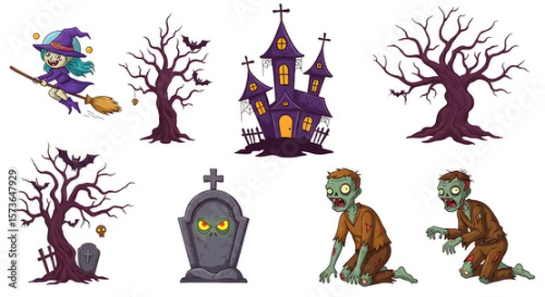 Fototapeta A whimsical Halloween scene featuring a witch flying on a broomstick, a haunted house, eerie trees, and zombies emerging from graves
