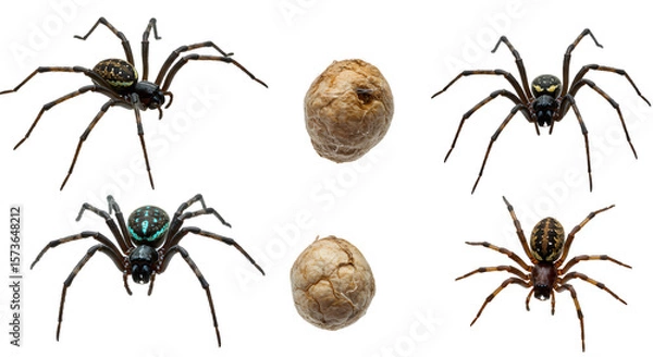 Fototapeta Close-up of four realistic spiders surrounding two textured stones, set against a plain background, ideal for educational use