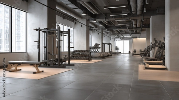 Fototapeta Modern minimalist gym with clean design and neutral palette, showcasing simplicity and focus in fitness.