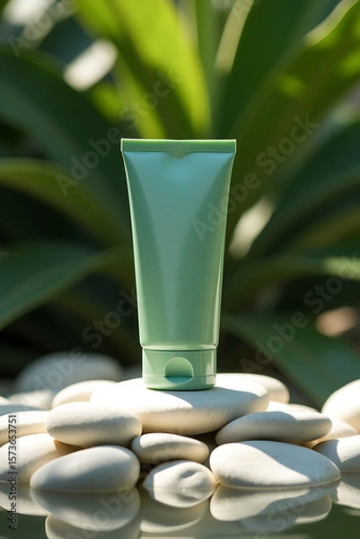 Fototapeta A minimalist green cosmetic tube rests on smooth white stones with a soft focus green foliage background and water reflection