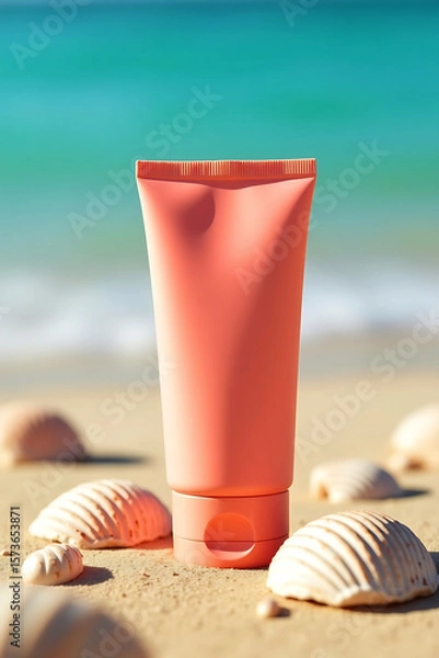 Fototapeta A coral colored sunblock tube sits on a sandy beach surrounded by seashells with the ocean in the background