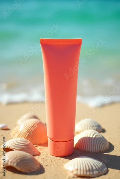 Fototapeta A coral colored tube of sunscreen stands on a sandy beach surrounded by seashells with the ocean in the background