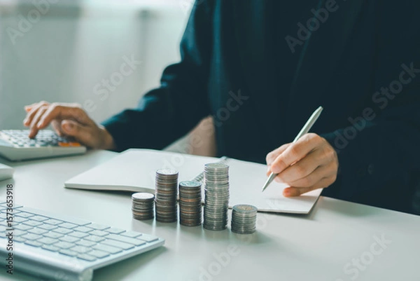 Fototapeta young woman using calculator calculating monthly home expenses, taxes, bank account balance and credit card bills payment, concept saving money.	