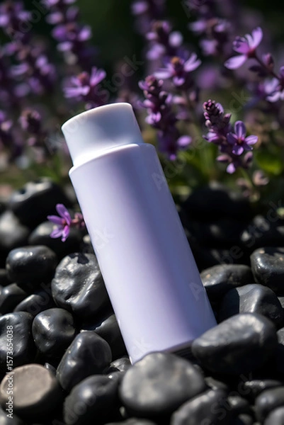 Fototapeta A minimalist white bottle rests on smooth black pebbles with a soft focus background of delicate purple flowers
