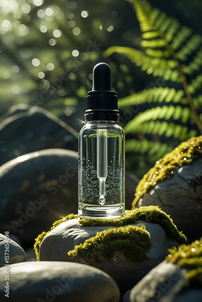 Fototapeta Glass dropper bottle with clear liquid and bubbles rests on mossy rocks with blurred green foliage and bokeh lights in background