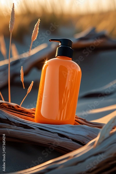 Fototapeta Shiny orange pump bottle placed on weathered driftwood with soft golden hour light and dry grass stalks
