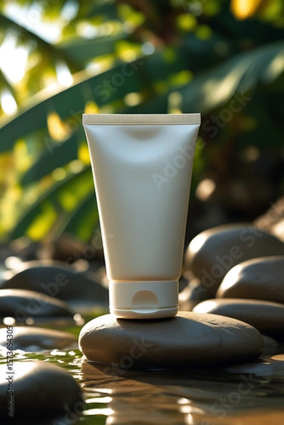 Fototapeta A minimalist beige cosmetic tube stands on smooth river stones in shallow water with soft green foliage in the background