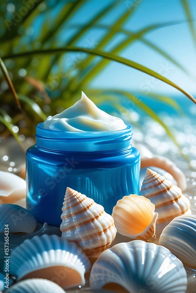 Fototapeta Luxurious blue jar of white cream surrounded by seashells on a sandy beach with ocean and palm leaves in the background