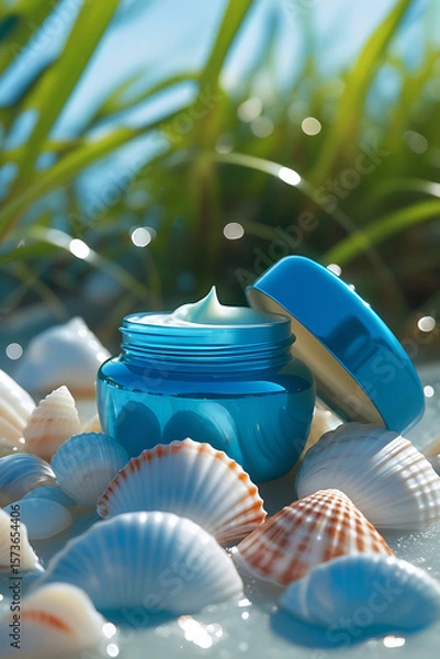 Fototapeta A luxurious blue jar of rich cream sits open surrounded by delicate seashells on a bright sunny day