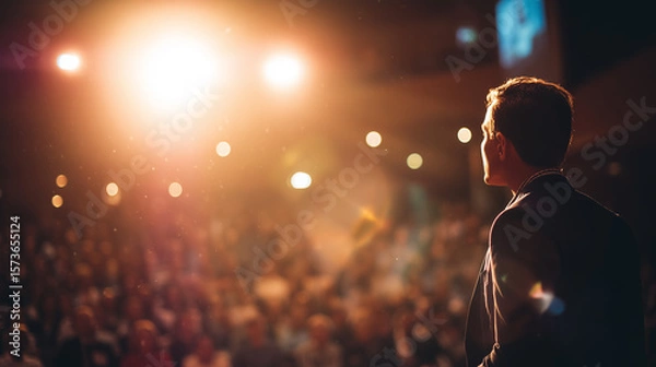 Fototapeta A presenter commands the stage, exuding confidence and expertise in a corporate setting.