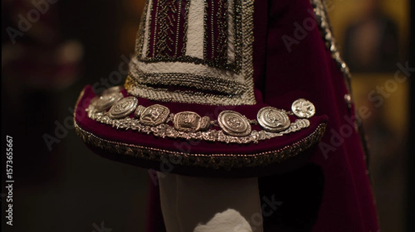 Fototapeta Mexican Independence Day: Hand-embroidered charro hat with silver embellishments, deep red fabric and intricate stitching under golden light.