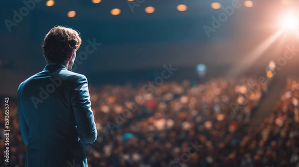 Fototapeta A presenter commands the stage, exuding confidence and expertise in a corporate setting.