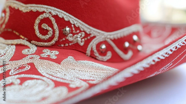 Fototapeta Mexican Independence Day: Hand-embroidered charro hat with silver embellishments, deep red fabric and intricate stitching under golden light.