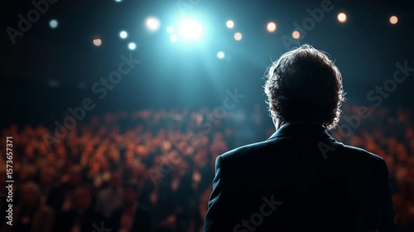 Fototapeta A presenter commands the stage, exuding confidence and expertise in a corporate setting.