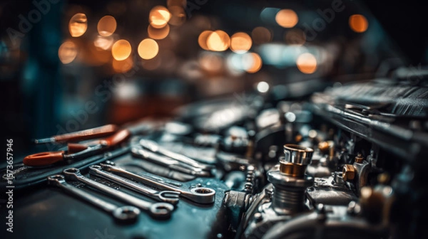 Fototapeta Automotive engine close-up with tools on workbench, precision and craftsmanship in focus