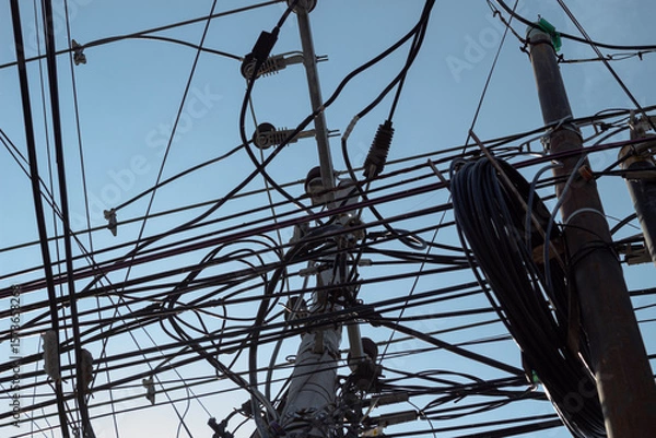 Fototapeta Tangled network of overhead power lines and cables against a clear blue sky.