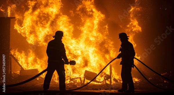 Fototapeta Silhouettes of Emergency Responders Against the Overwhelming Power of a Large Fire.
