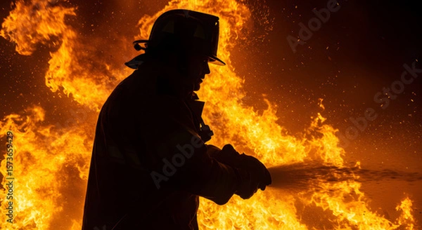 Fototapeta The Fiery Aftermath: Silhouettes of Rescuers Against the Remnants of a Devastating and Intense Fire.