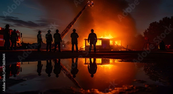 Fototapeta Amidst the Raging Fire: A Powerful Image of Firefighters Working to Control a Destructive Urban Blaze.
