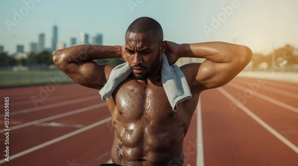 Fototapeta Athletic African Man Resting and Reflecting After Workout at Stadium