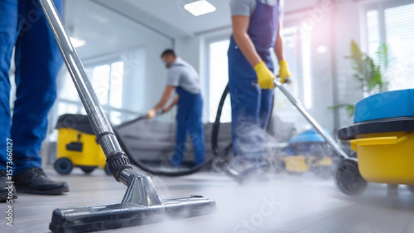 Fototapeta A High Efficiency Commercial Steam Cleaning concept depicted by janitorial workers sanitizing floors with powerful vacuum equipment.
