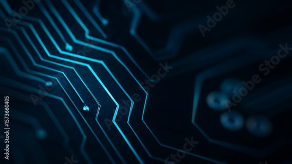Obraz Abstract dark blue circuit board pattern with glowing lines close up, illustrating a high-resolution tech environment often seen in deep computing visualizations