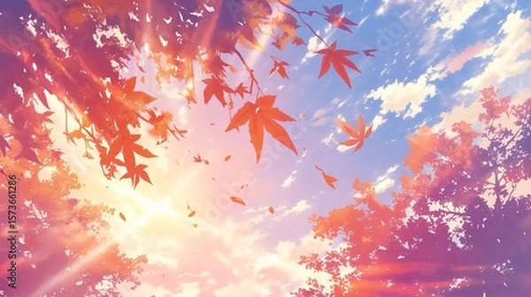 Obraz 紅葉と夕焼けの空