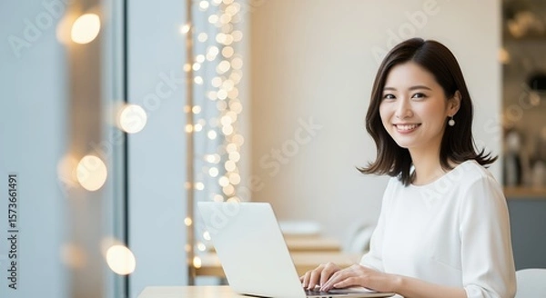 Obraz カフェでノートパソコンを操作する笑顔の女性