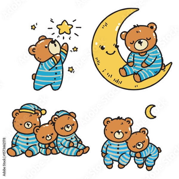 Fototapeta Set of cute bears with pajamas in various poses, vector illustrations. Doodle flat art style, isolated and easy to use for creative projects and designs.