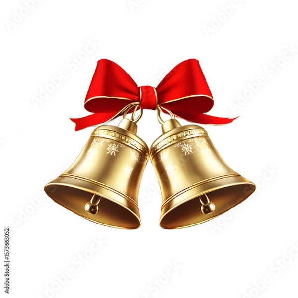 Fototapeta Elegant golden christmas bells adorned with a festive red ribbon and subtle snowflake patterns isolated on transparent background