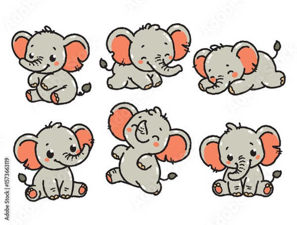 Fototapeta Set of cute elephants in various poses with hand-drawn vector illustrations. Doodle flat art style, isolated and easy to use for creative projects and designs.