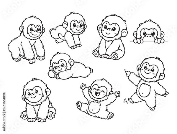 Fototapeta Set of cute gorillas in various poses with hand-drawn vector illustrations. Doodle line art style, isolated and easy to use for creative projects and designs.