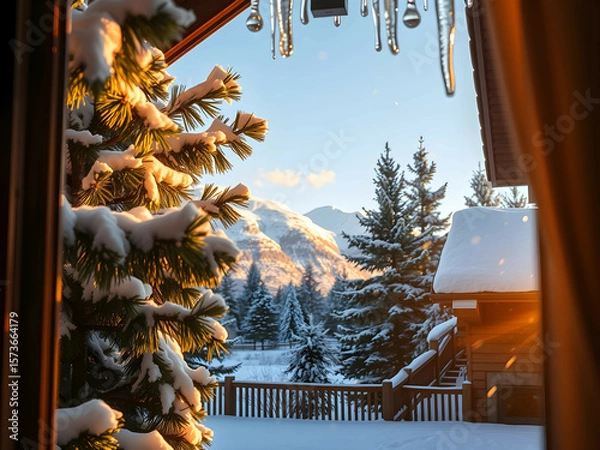 Obraz Snowy Mountain Cabin with Scenic Window View, No 028 – AI Generated