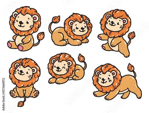 Fototapeta Set of cute lions in various poses with hand-drawn vector illustrations. Doodle flat art style, isolated and easy to use for creative projects and designs.