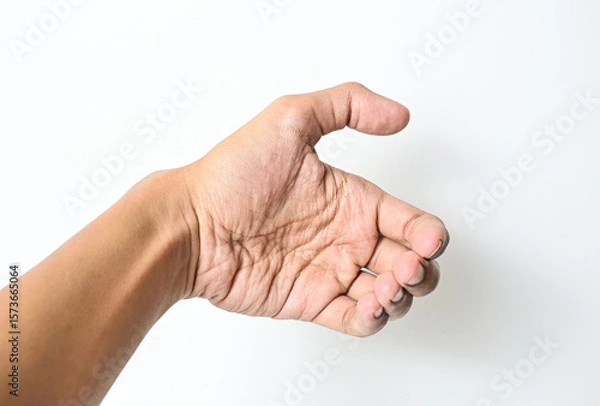 Fototapeta Hand holding, grabbing, showing, presenting something isolated on white background. Man, men, male, asian.