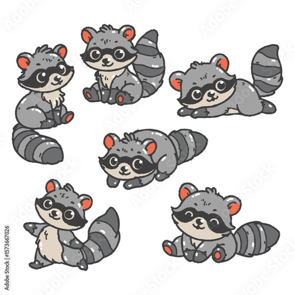 Fototapeta Set of cute raccoons in various poses with hand-drawn vector illustrations. Doodle flat art style, isolated and easy to use for creative projects and designs.