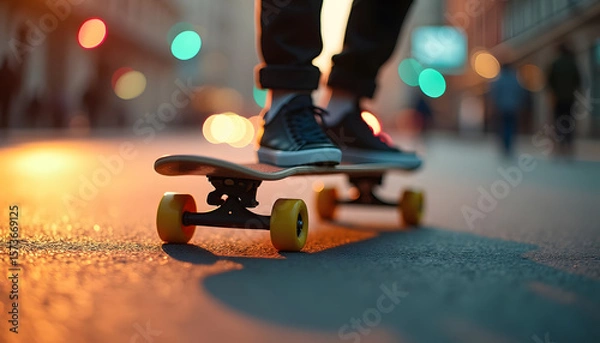 Fototapeta Skateboarder with Dark Shoes Riding on City Street at Sunset