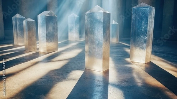 Fototapeta Crystal pillars in sunlit, ancient hall