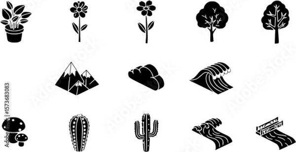 Fototapeta A collection of black and white vector icons depicting nature elements: plants, flowers, trees, mountains, clouds, waves, mushrooms, and cacti.