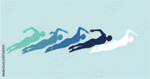 Obraz Silhouetted swimmers in various shades of blue, gliding through water.