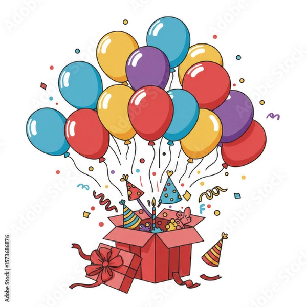 Fototapeta Colorful balloons erupting from a gift box with party hats and confetti isolated on transparent background