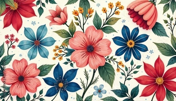 Obraz Seamless floral pattern with pink, red, and blue flowers and green leaves on a light cream background. 