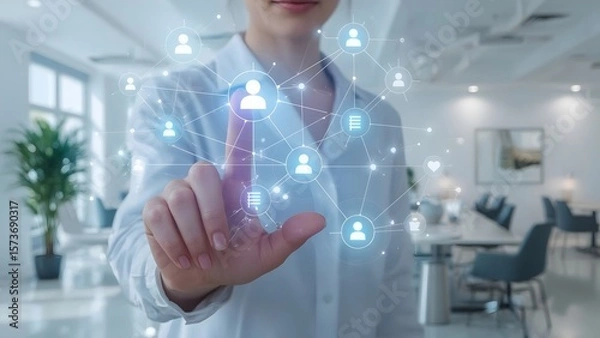 Fototapeta Modern Woman Interacting with Digital Network  Connecting People Through Technology