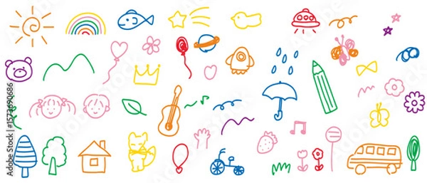 Obraz カラフルで可愛い手書きの落書き風素材セット　天気やお花・動物・子供の顔・木などの素材セット