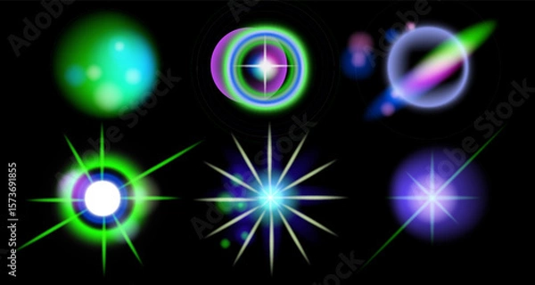 Obraz Vector illustration in futuristic neon style with glowing light effects. Features blue, green, purple, and pink hues, creating starbursts, orbs, and cosmic shapes against a black background.