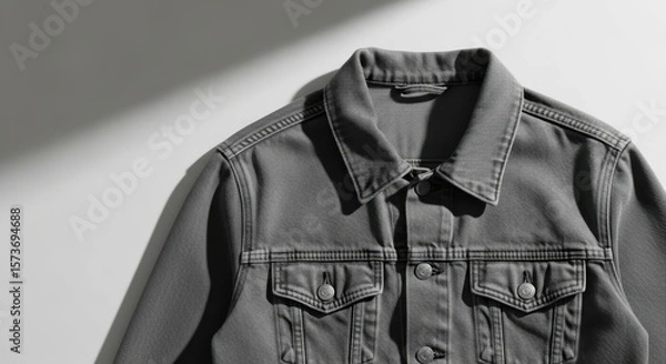 Fototapeta Stylish Gray Denim Jacket Captured in Artistic Light and Shadow on White Background